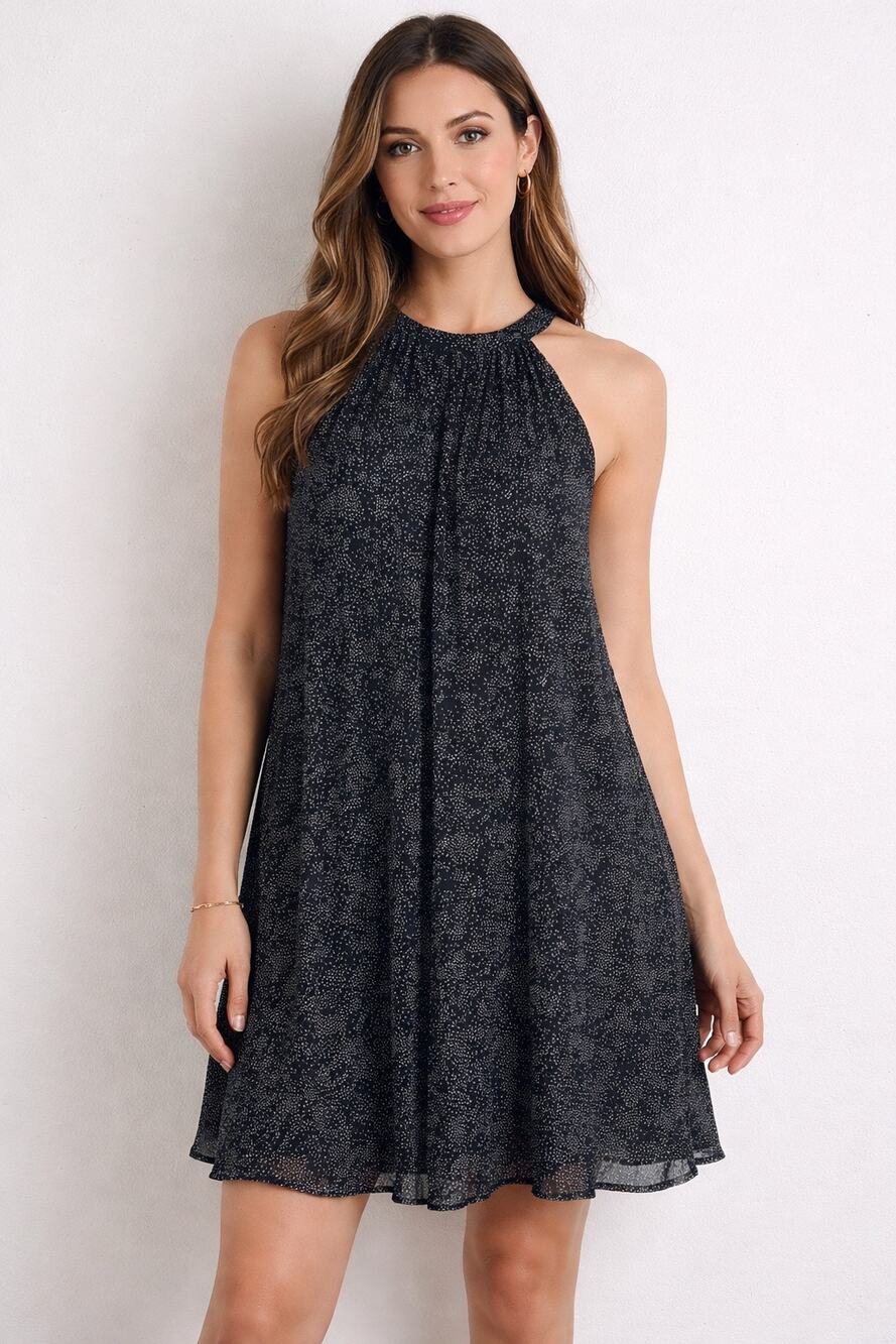 THML Women's Black with White dots sleeveless pleated swing dress in size S